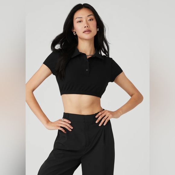 ALO Yoga Tops - ALO Yoga NWT Cropped Prestige Polo Black Top Size M